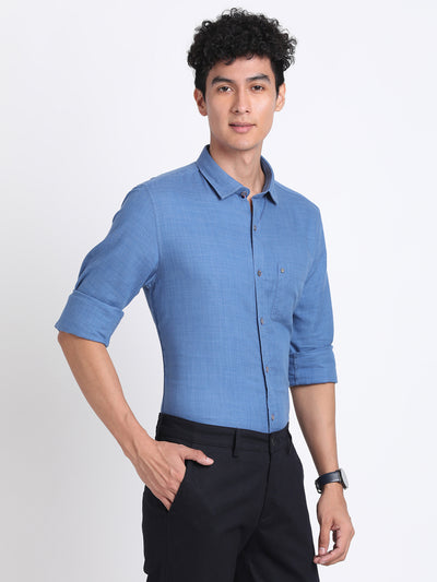 Cotton Lyocell Blue Plain Slim Fit Full Sleeve Casual Shirt