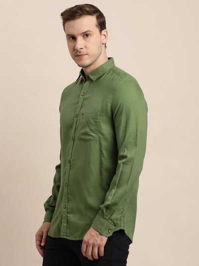 Cotton Lyocell Olive Plain Slim Fit Full Sleeve Casual Shirt