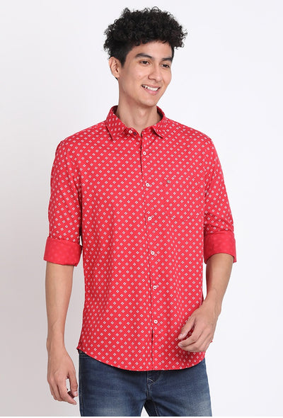 100% Cotton Red Printed Slim Fit Full Sleeve Casual Shirt