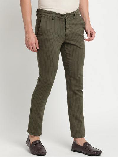 Cotton Stretch Olive Striped Narrow Fit Flat Front Casual Trouser