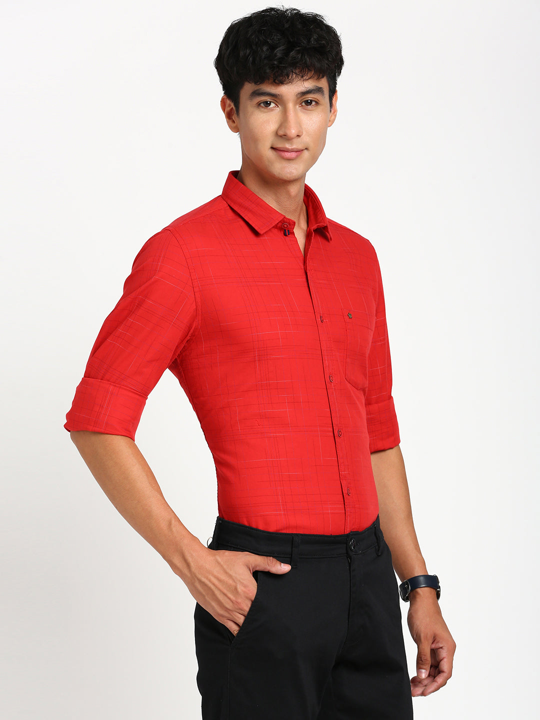 100% Cotton Red Checkered Slim Fit Full Sleeve Casual Shirt