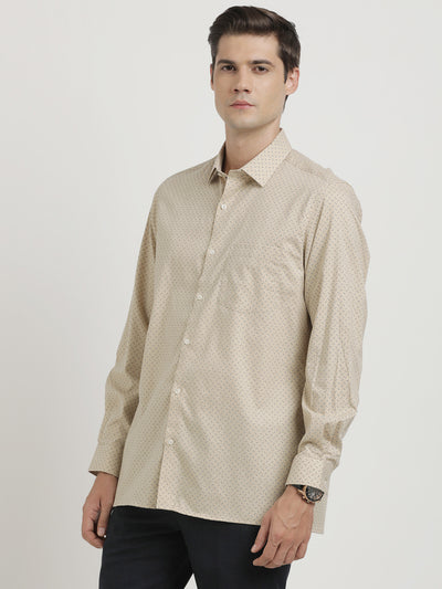 Cotton Melange Beige Printed Regular Fit Full Sleeve Formal Shirt