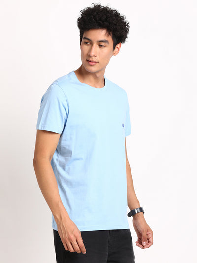 Essential 100% Cotton Sky Blue Solid Round Neck Half Sleeve Casual T-Shirt