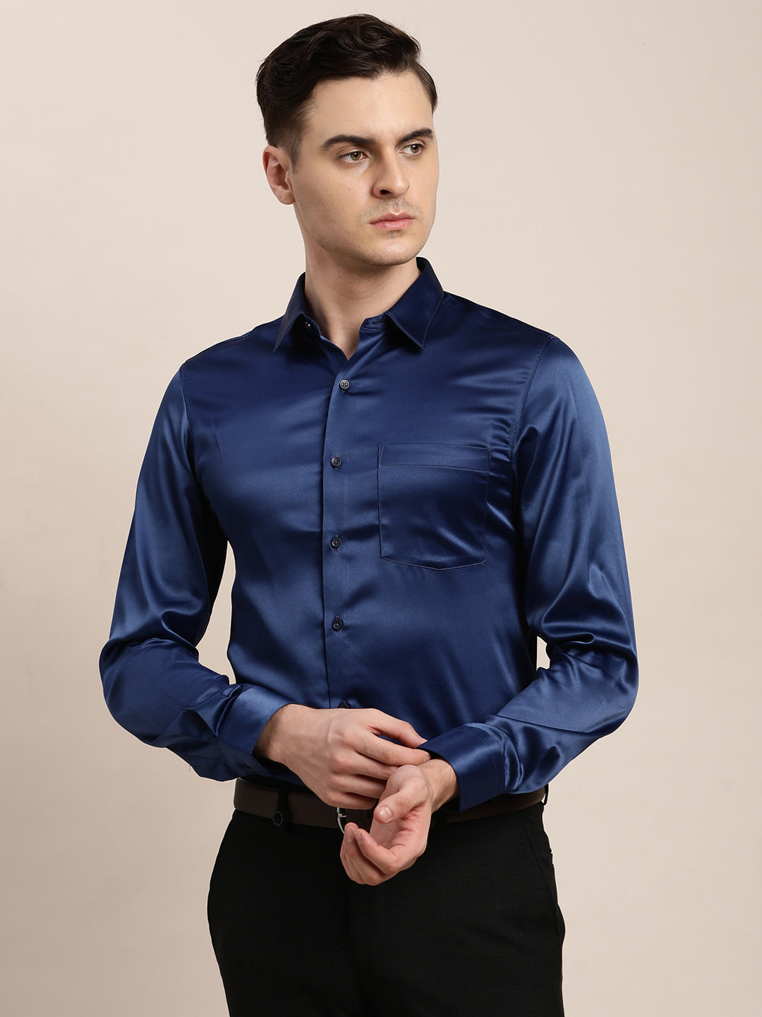 Poly Satin Blue Plain Regular Fit Full Sleeve Ceremonial Shirt