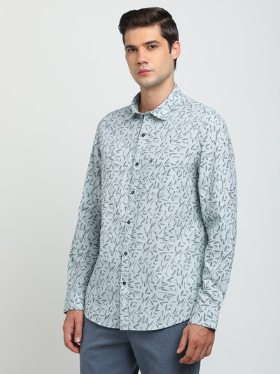 Cotton Linen Sky Blue Printed Slim Fit Full Sleeve Casual Shirt