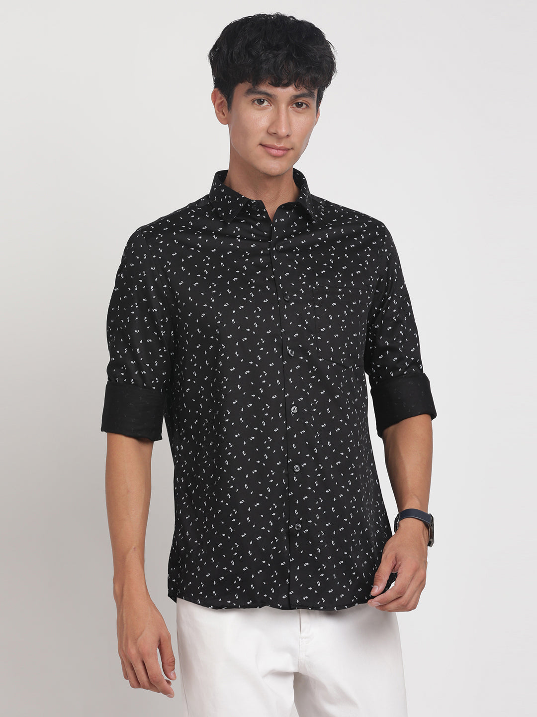 100% Cotton Black Printed Slim Fit Full Sleeve Formal Shirt