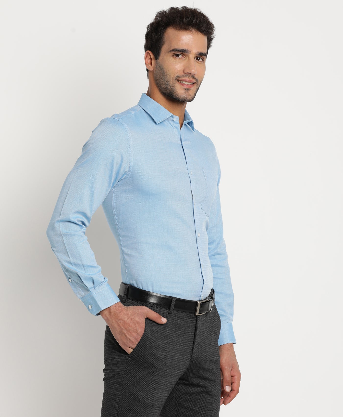 100% Cotton Blue Dobby Slim Fit Full Sleeve Formal Shirt