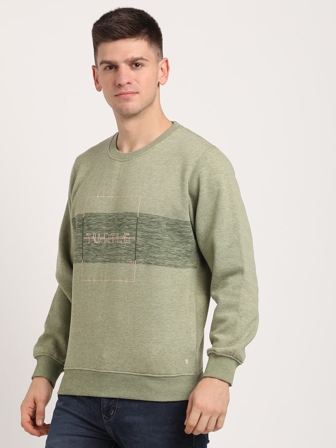 Cotton Stretch Olive Plain Regular Fit Full Sleeve Casual Sweatshirt