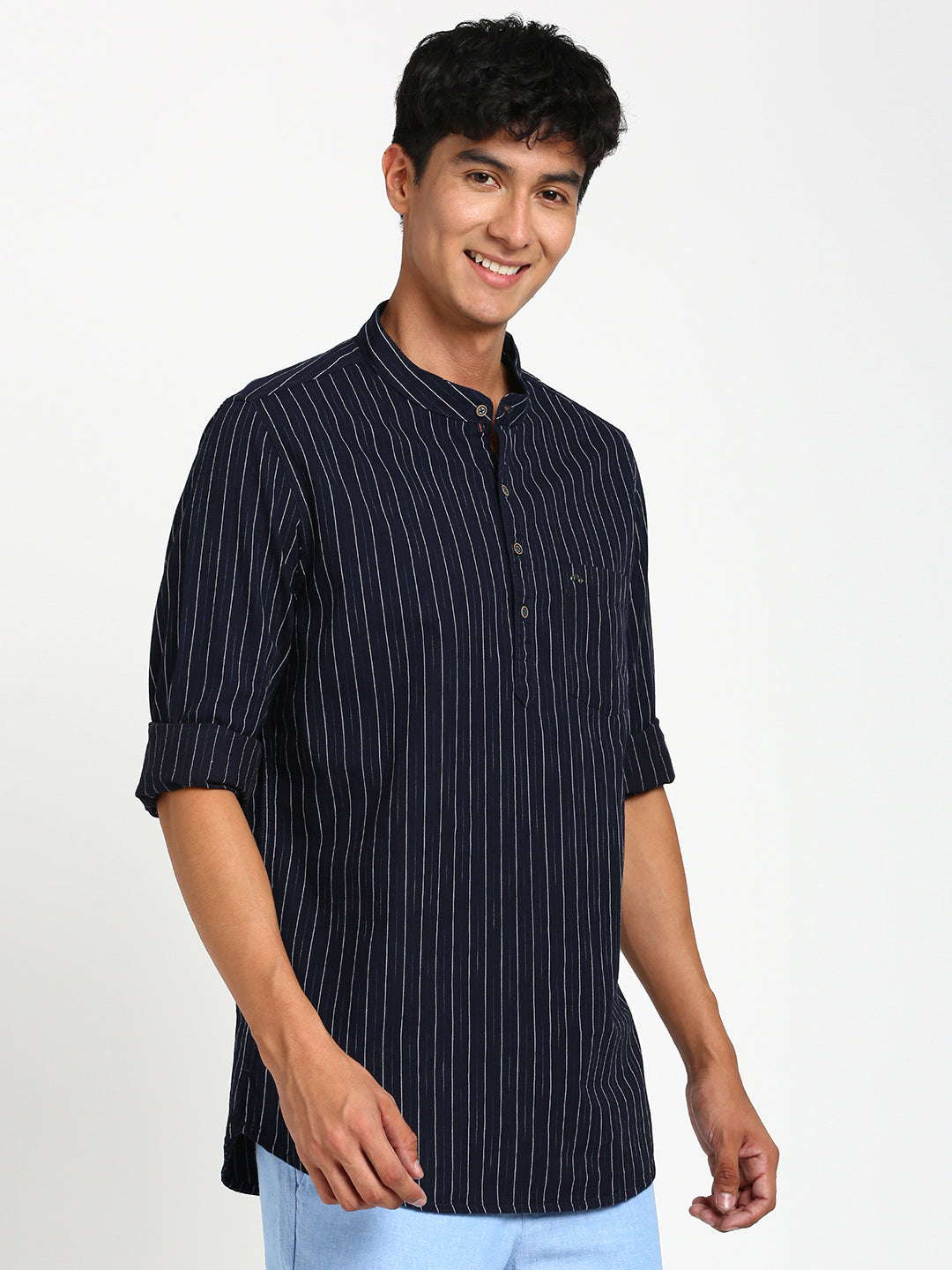 100% Cotton Navy Blue Striped Kurta Full Sleeve Casual Shirt