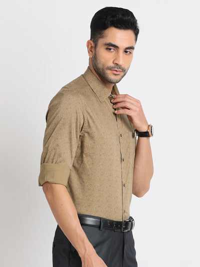 100% Cotton Khaki Printed Slim Fit Full Sleeve Ceremonial Shirt