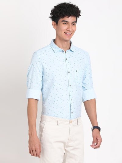 Cotton Melange Light Blue Printed Slim Fit Full Sleeve Casual Shirt