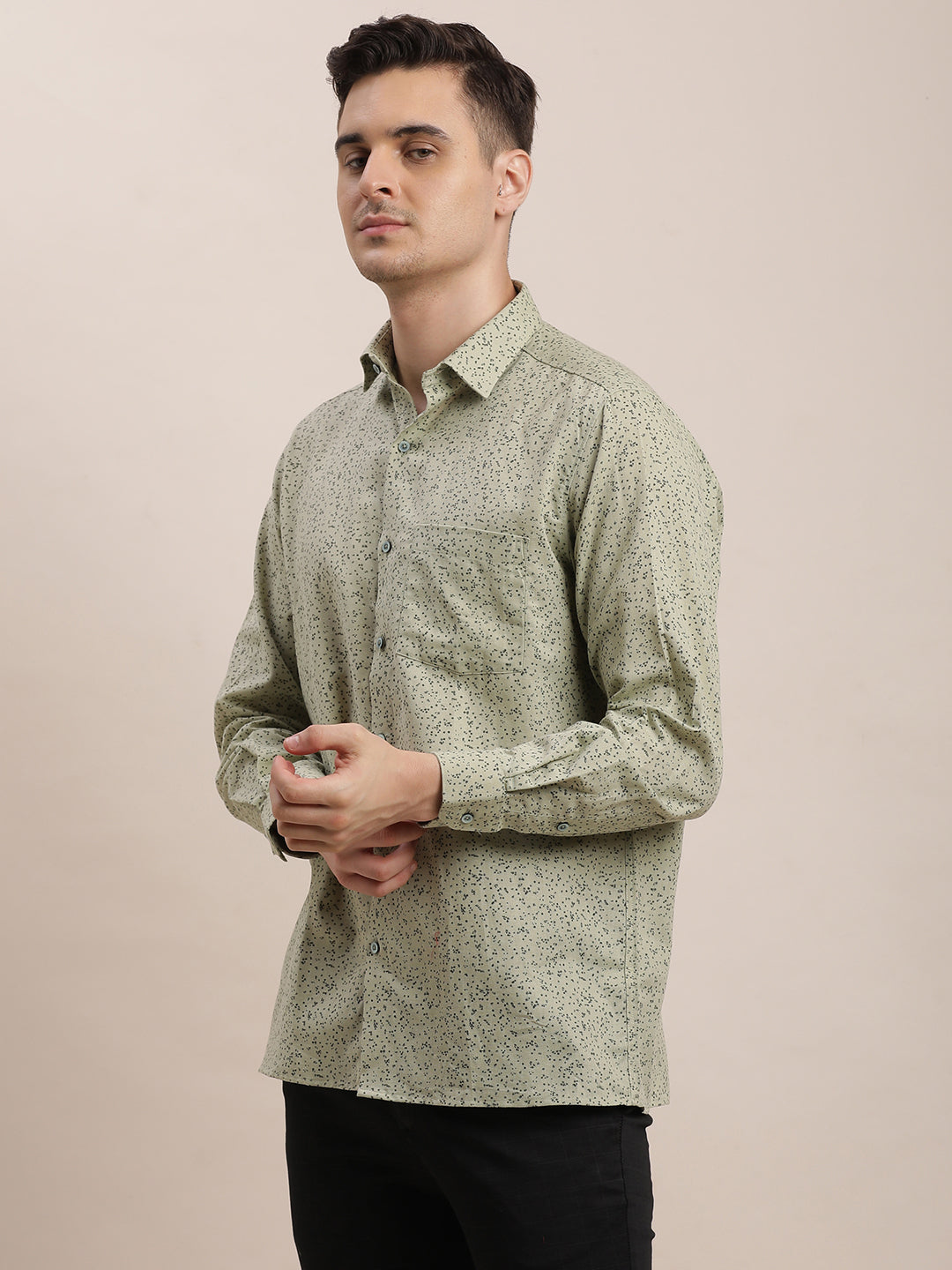 Cotton Linen Grey Printed Regular Fit Full Sleeve Formal Shirt