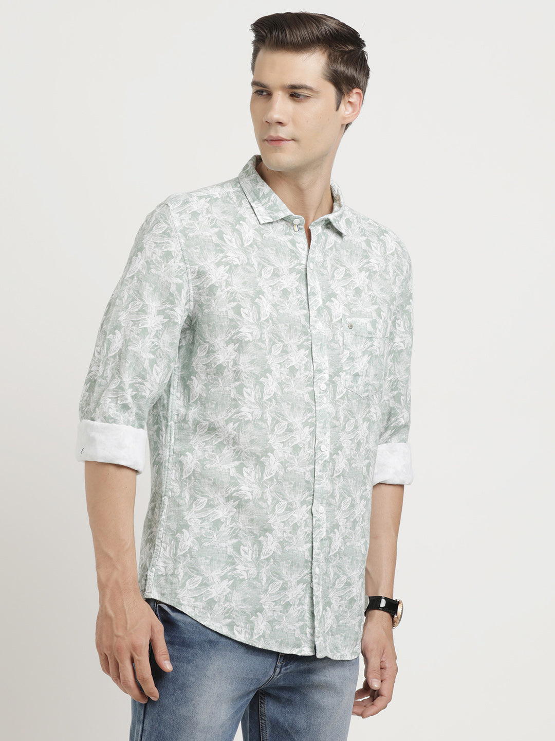 100% Cotton Pista Green Printed Slim Fit Full Sleeve Casual Shirt