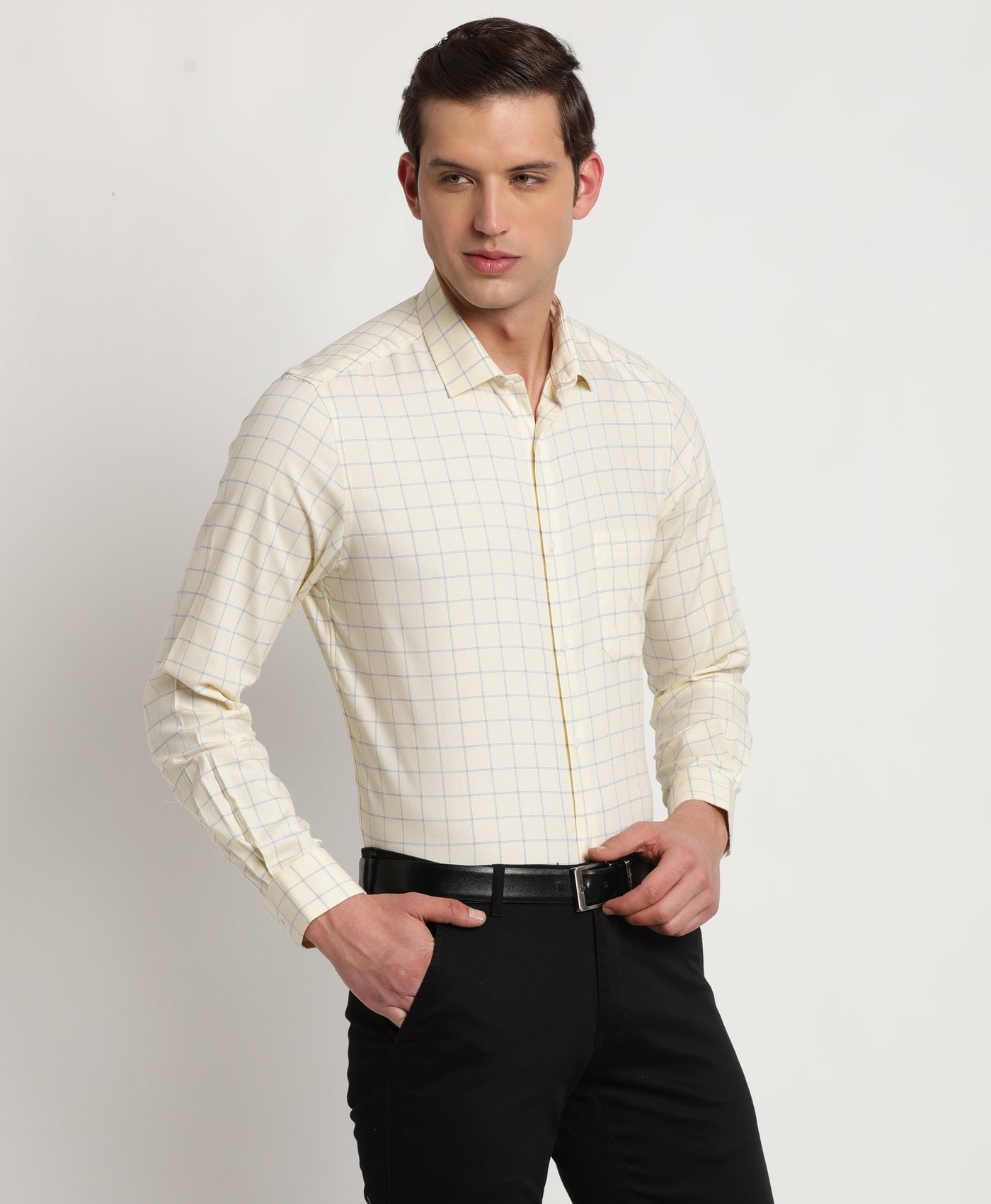 100% Cotton Yellow Checkered Slim Fit Full Sleeve Formal Shirt
