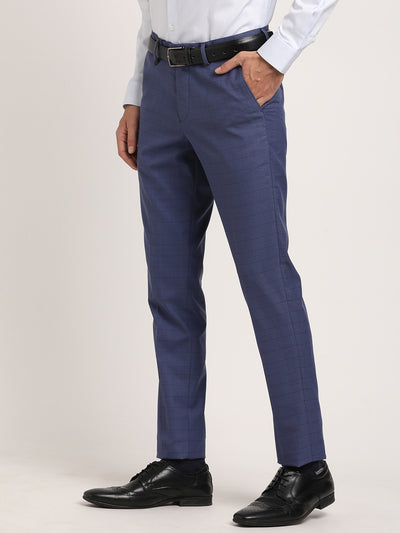 Poly Viscose Blue Checkered Ultra Slim Fit Flat Front Formal Trouser