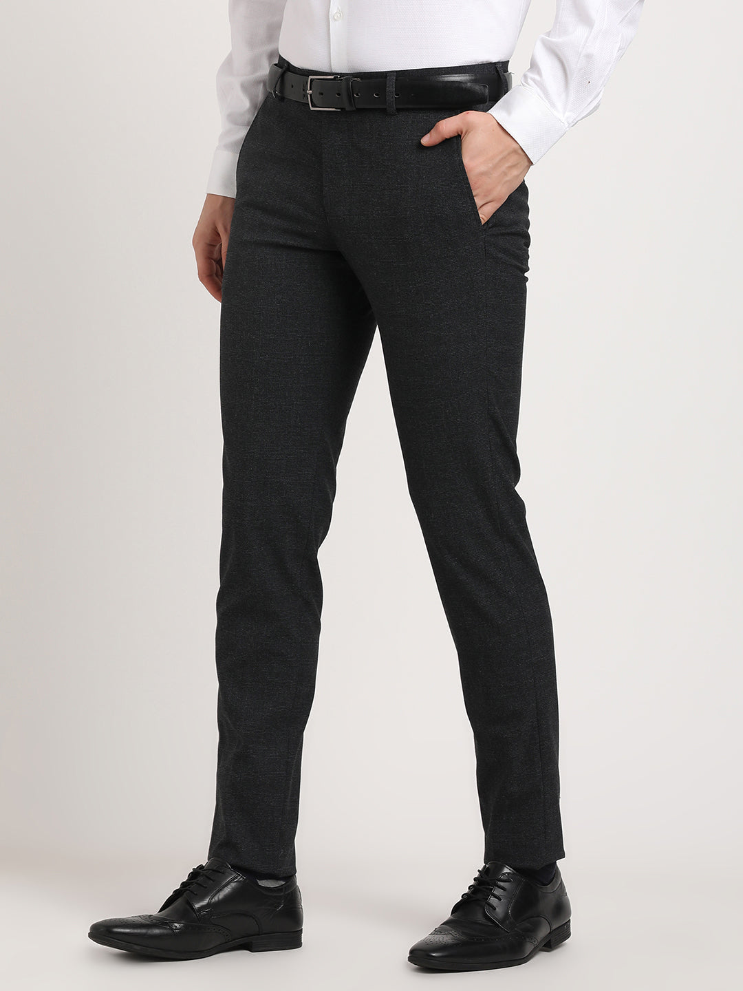 Poly Viscose Stretch Charcoal Checkered Ultra Slim Fit Flat Front Formal Trouser