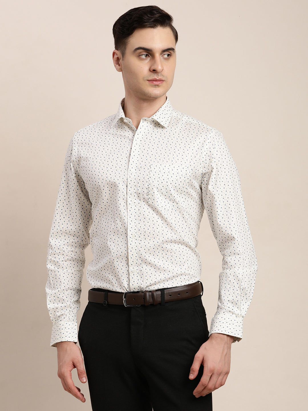 100% Cotton Cream Printed Regular Fit Full Sleeve Formal Shirt