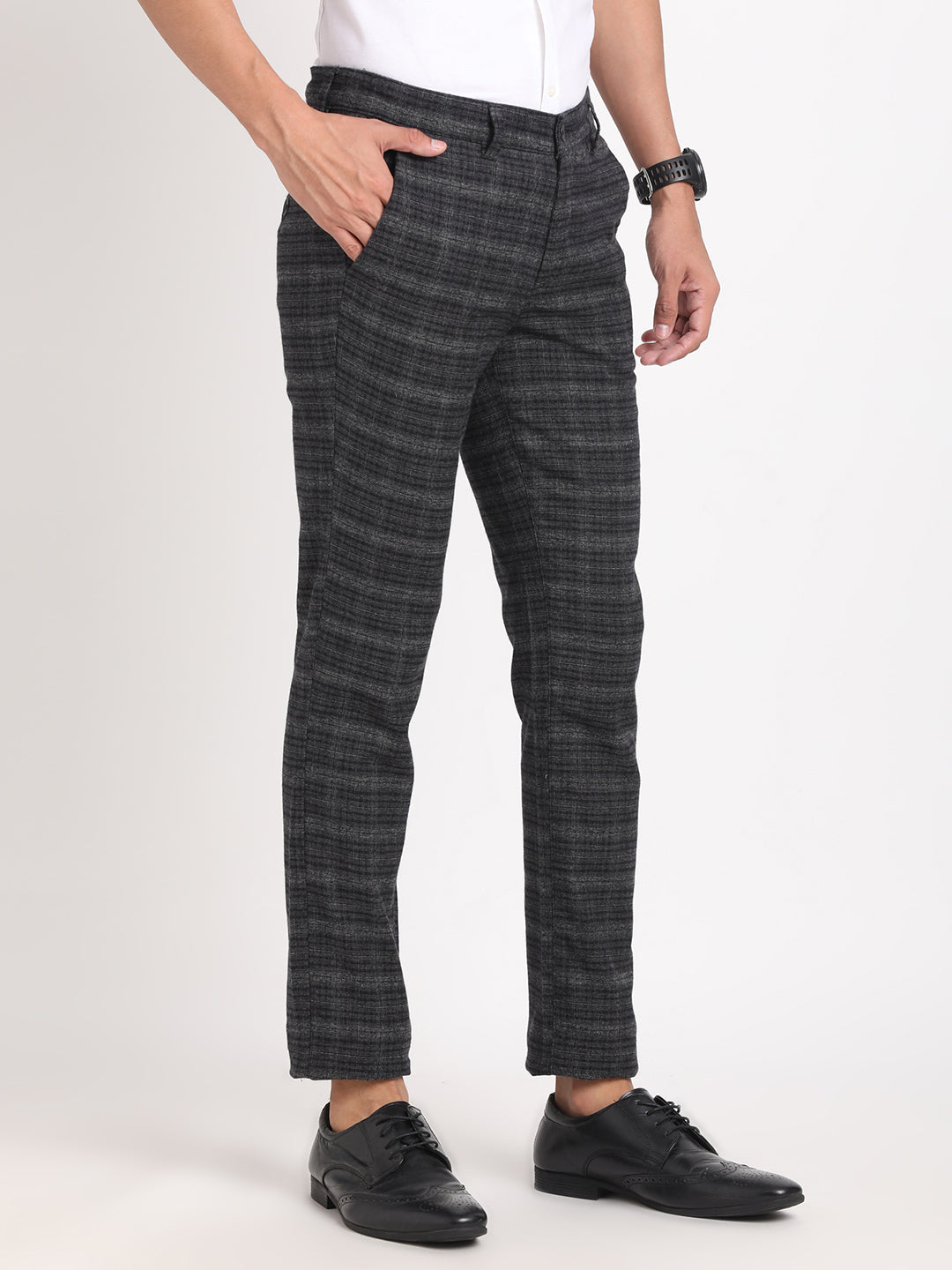 Cotton Stretch Grey Checkered Narrow Fit Flat Front Casual Trouser