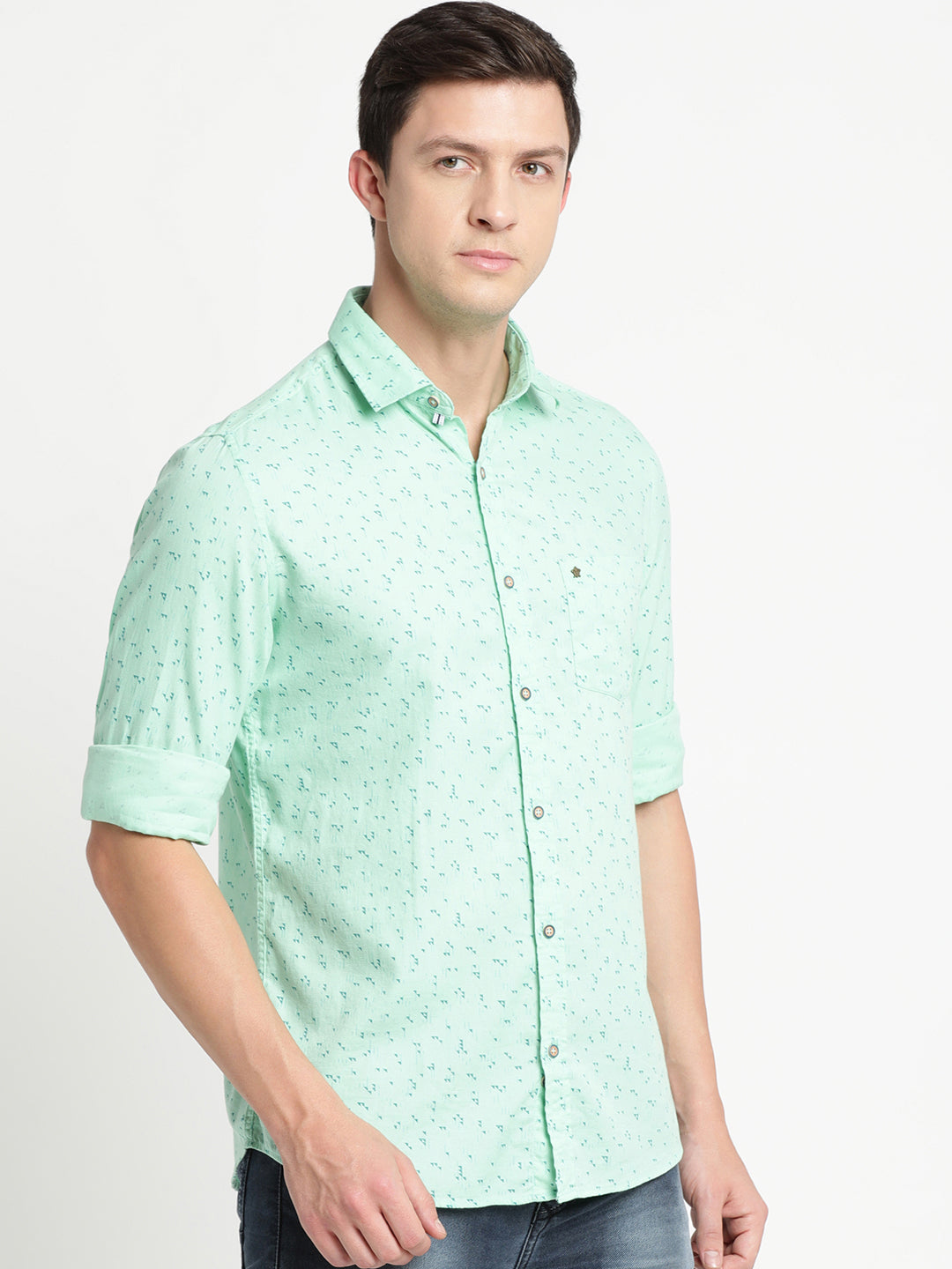 100% Cotton Light Green Printed Slim Fit Full Sleeve Casual Shirt