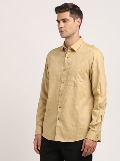 Cotton Tencel Khaki Printed Slim Fit Full Sleeve Formal Shirt