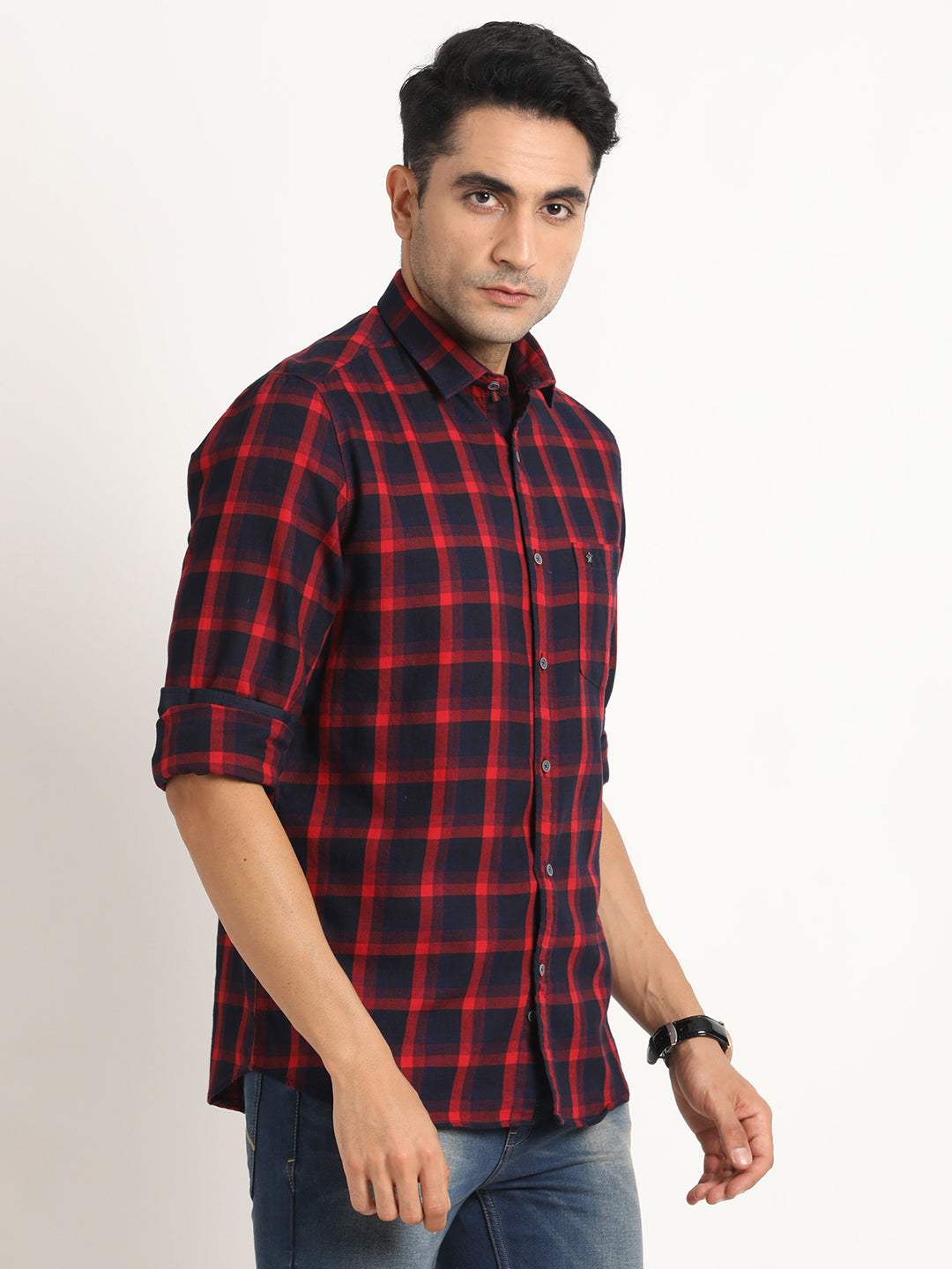 100% Cotton Indigo Navy Blue Checkered Slim Fit Full Sleeve Casual Shirt