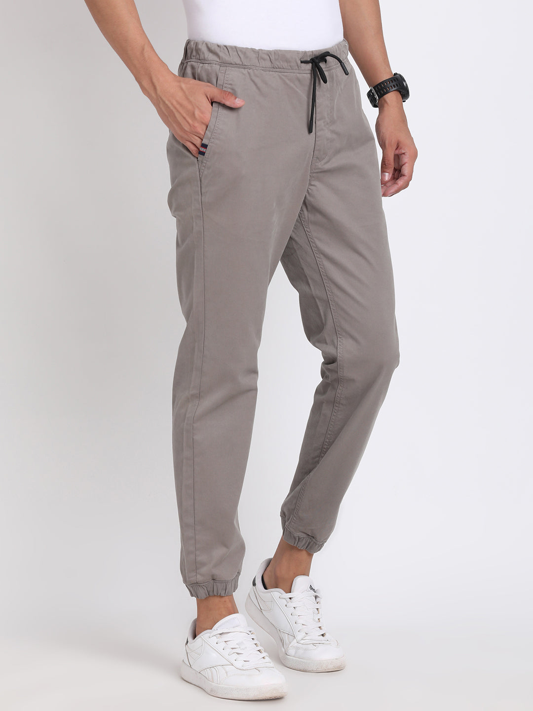 Cotton Stretch Grey Plain Jogger Flat Front Casual Trouser