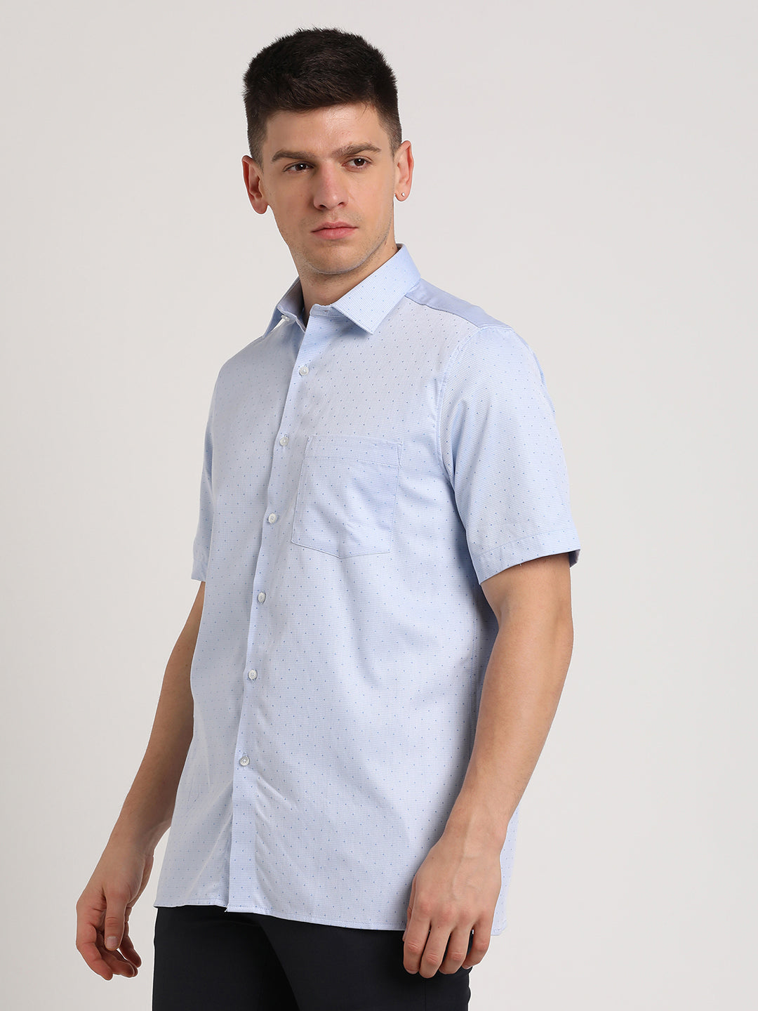 100% Cotton Light Blue Dobby Regular Fit Half Sleeve Formal Shirt