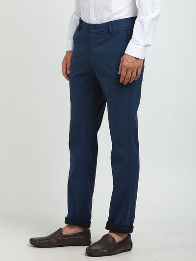 Cotton Stretch Blue Dobby Ultra Slim Fit Flat Front Casual Trouser