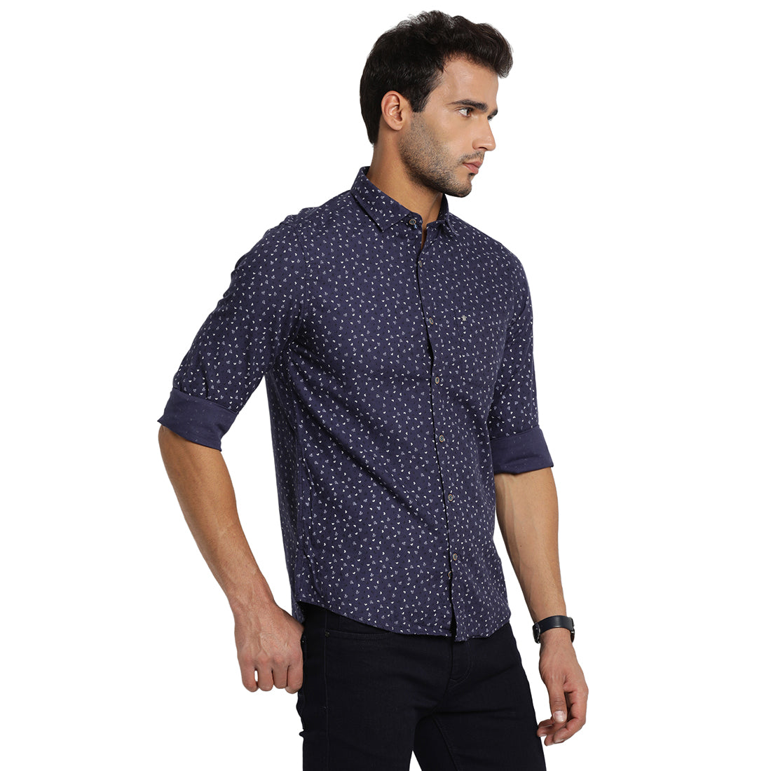 Turtle Men Navy Blue Cotton Printed Slim Fit Casual Shirts