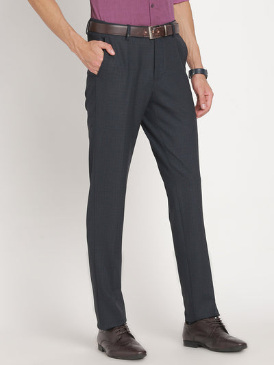 Cotton Stretch Dark Grey Checkered Slim Fit Flat Front Formal Trouser