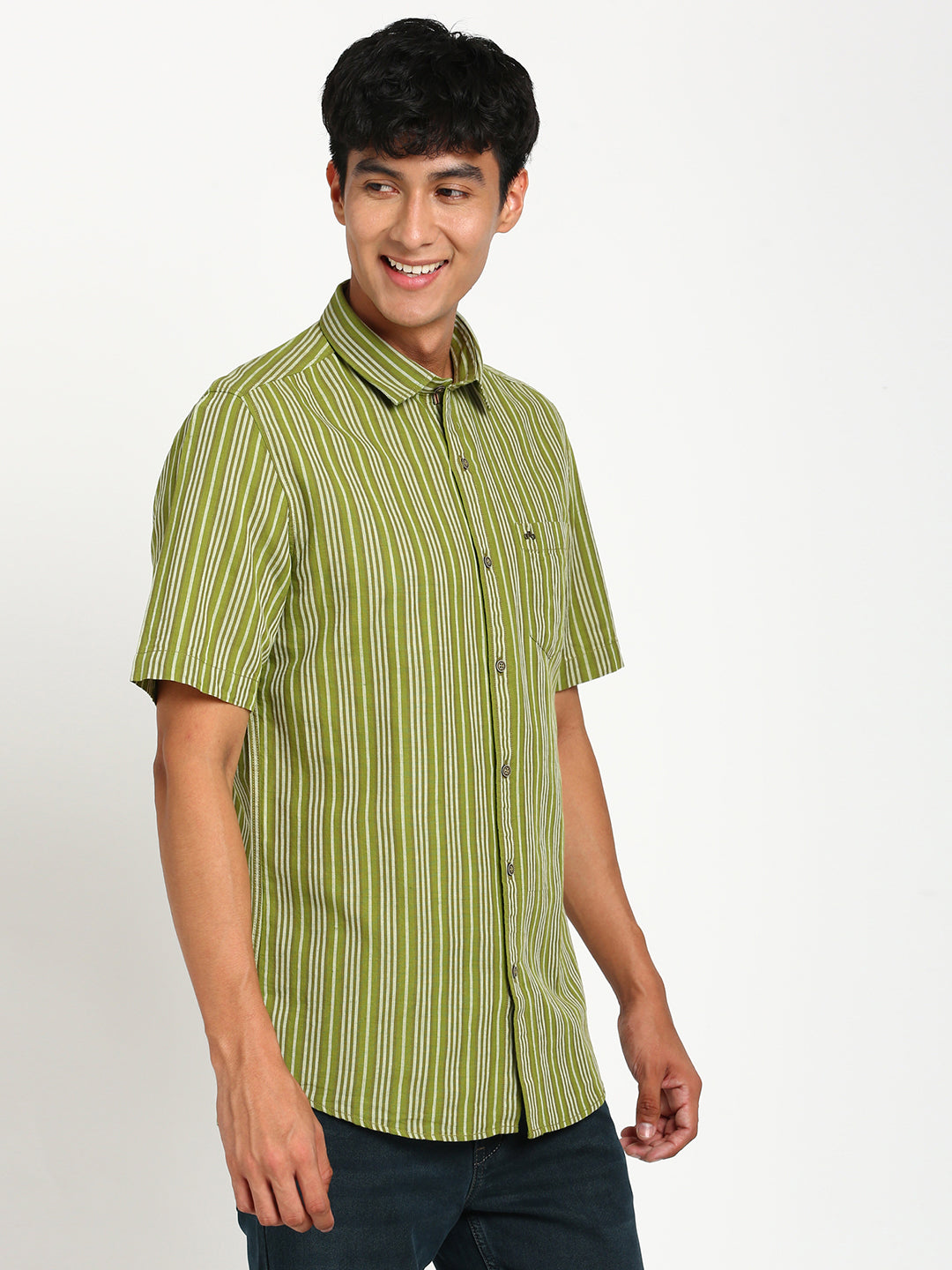 Cotton Linen Green Striped Slim Fit Half Sleeve Casual Shirt