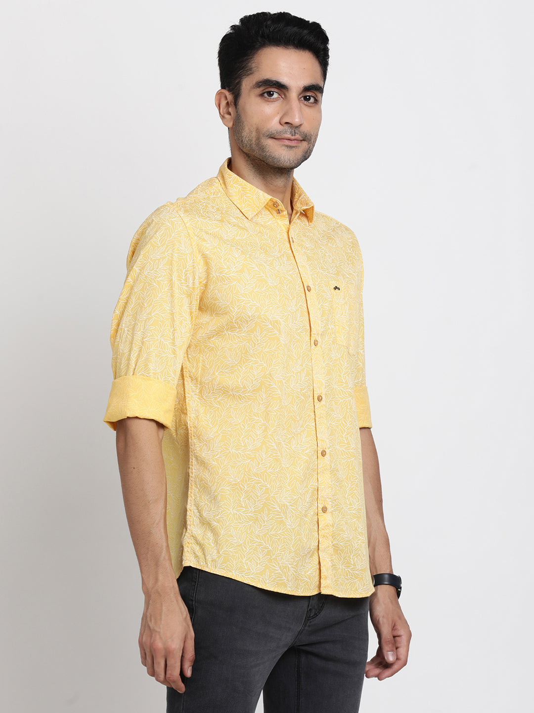 100% Cotton Yellow Printed Slim Fit Full Sleeve Casual Shirt