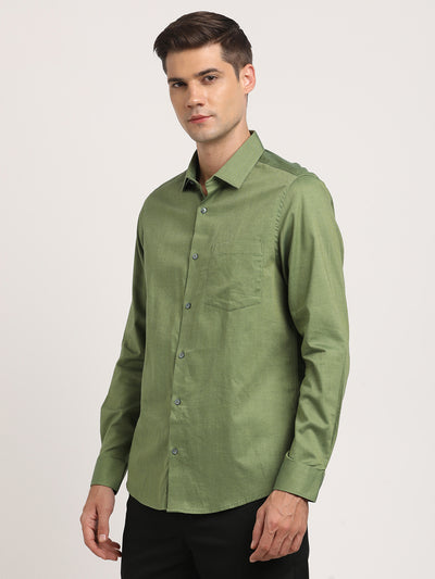 100% Cotton Olive Dobby Slim Fit Full Sleeve Formal Shirt