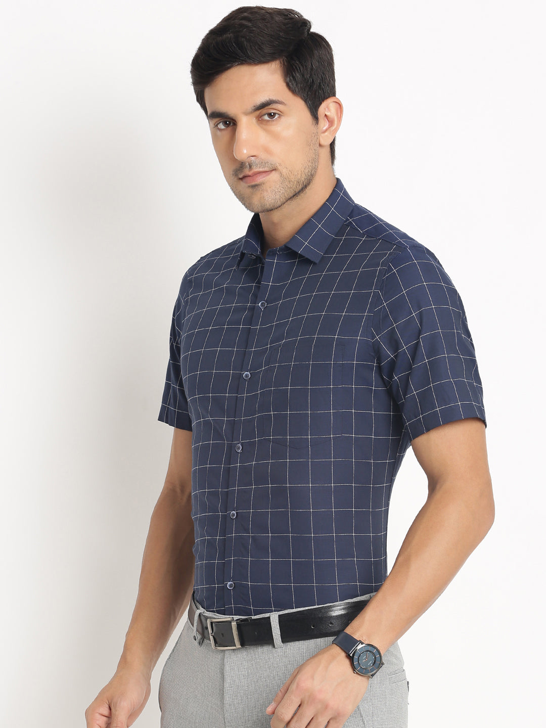 100% Cotton Dark Blue Checkered Regular Fit Half Sleeve Formal Shirt