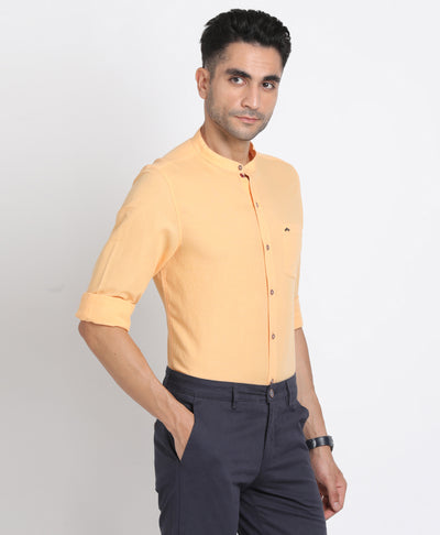 Cotton Linen Yellow Plain Slim Fit Mandarin Collar Casual Shirt