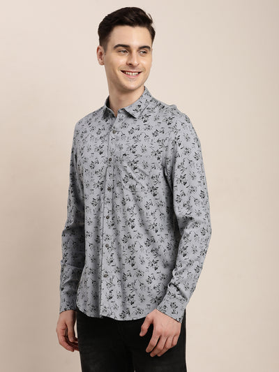 100% Viscose Grey Printed Slim Fit Full Sleeve Casual Shirt