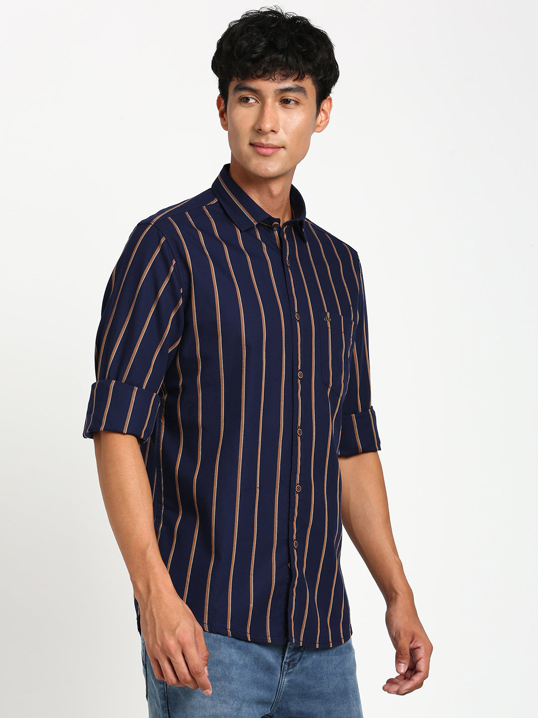 100% Cotton Navy Blue Striped Slim Fit Full Sleeve Casual Shirt