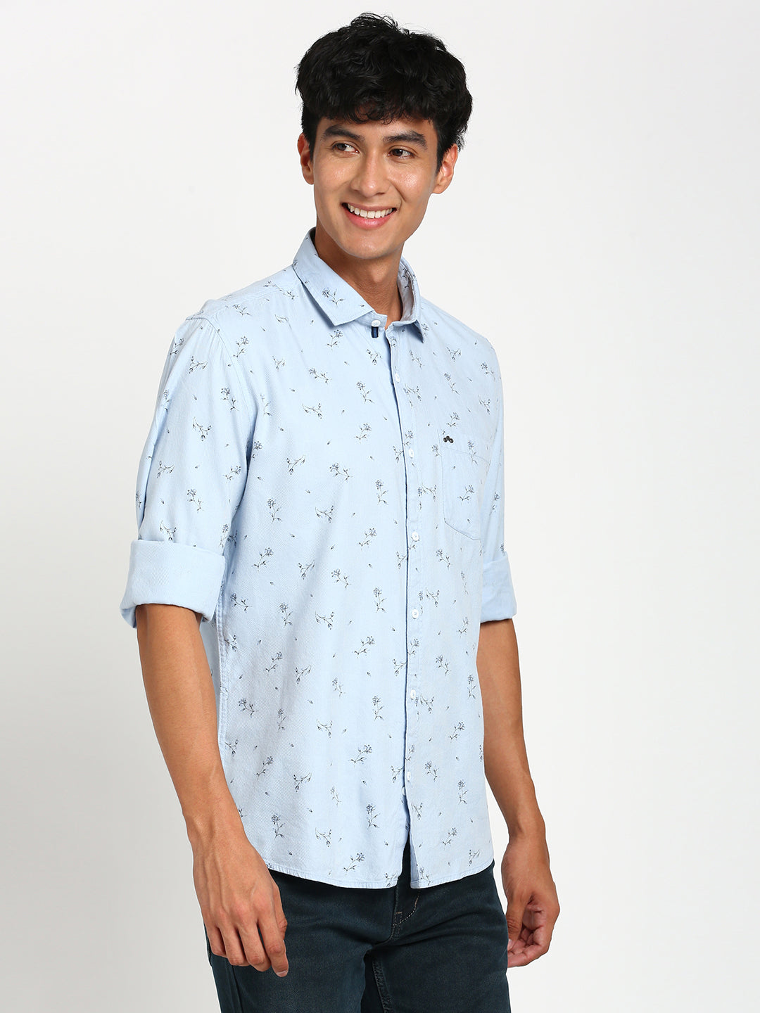 Cotton Tencel Blue Printed Slim Fit Full Sleeve Casual Shirt