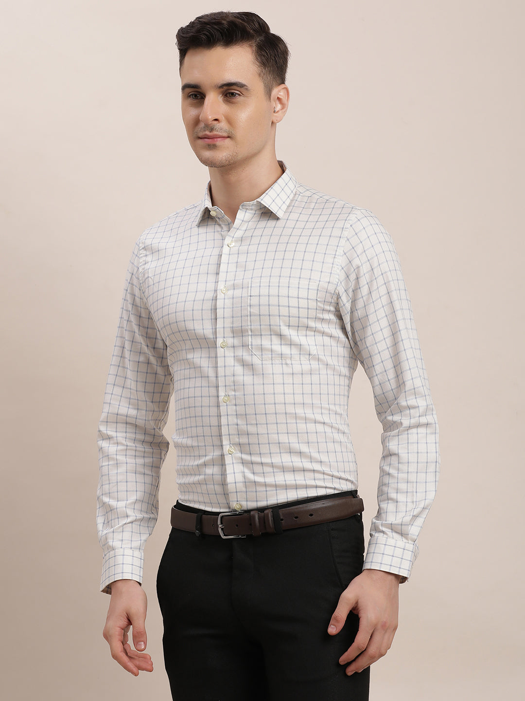 100% Cotton Grey Checkered Slim Fit Full Sleeve Formal Shirt