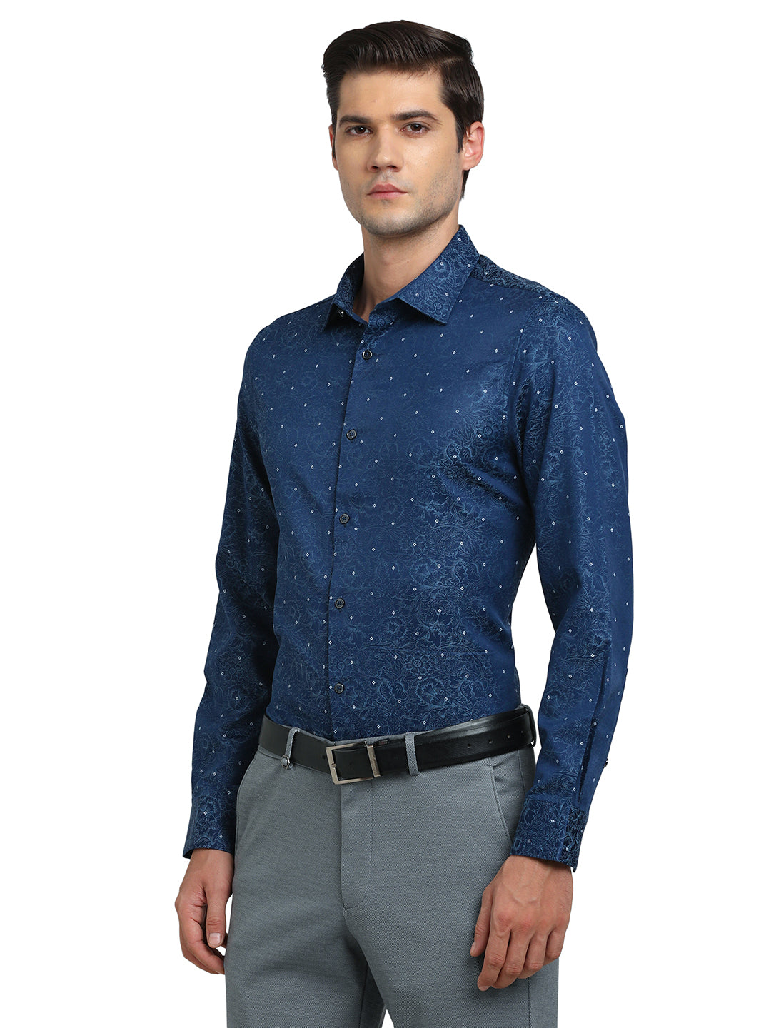 Poly Cotton Blue Jacquard Slim Fit Full Sleeve Ceremonial Shirt