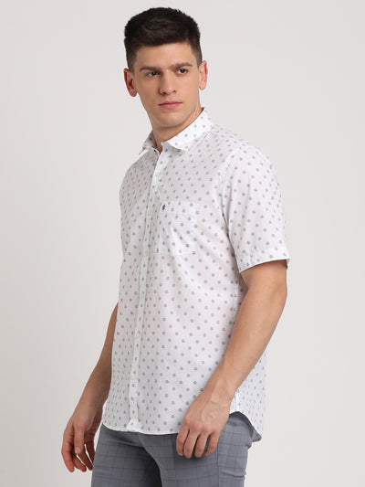 100% Cotton White Printed Slim Fit Half Sleeve Casual Shirt