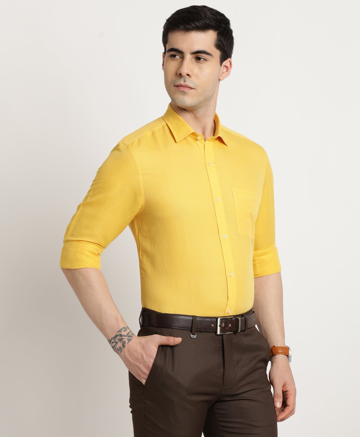 Cotton Linen Yellow Plain Full Sleeve Formal Shirt