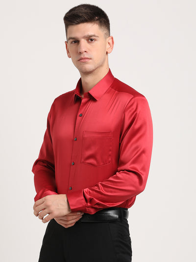 Poly Satin Red Plain Slim Fit Full Sleeve Ceremonial Shirt