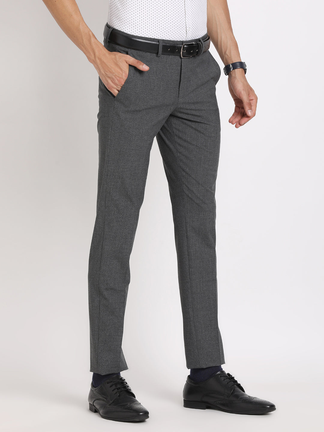 Poly Viscose Grey Checkered Slim Fit Flat Front Ceremonial Trouser