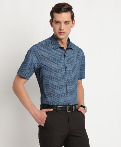 100% Cotton Blue Printed Regular Fit Half Sleeve Formal Shirt