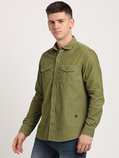 100% Cotton Olive Plain Slim Fit Full Sleeve Casual Shirt