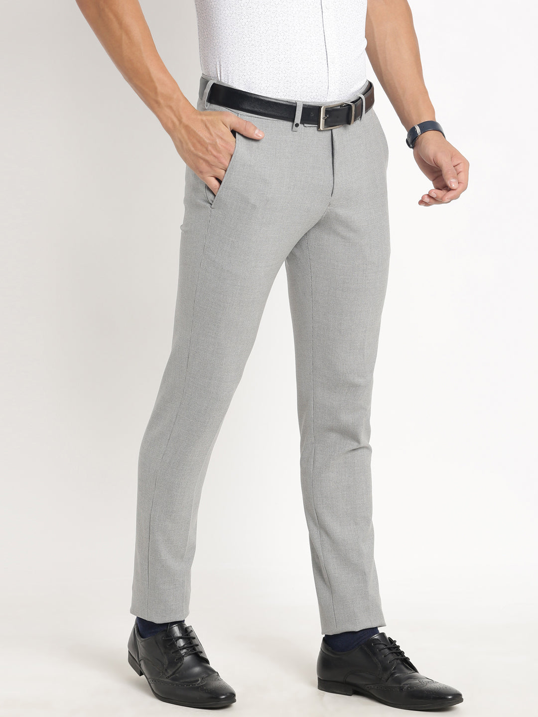 Cotton Stretch Grey Dobby Ultra Slim Fit Flat Front Formal Trouser
