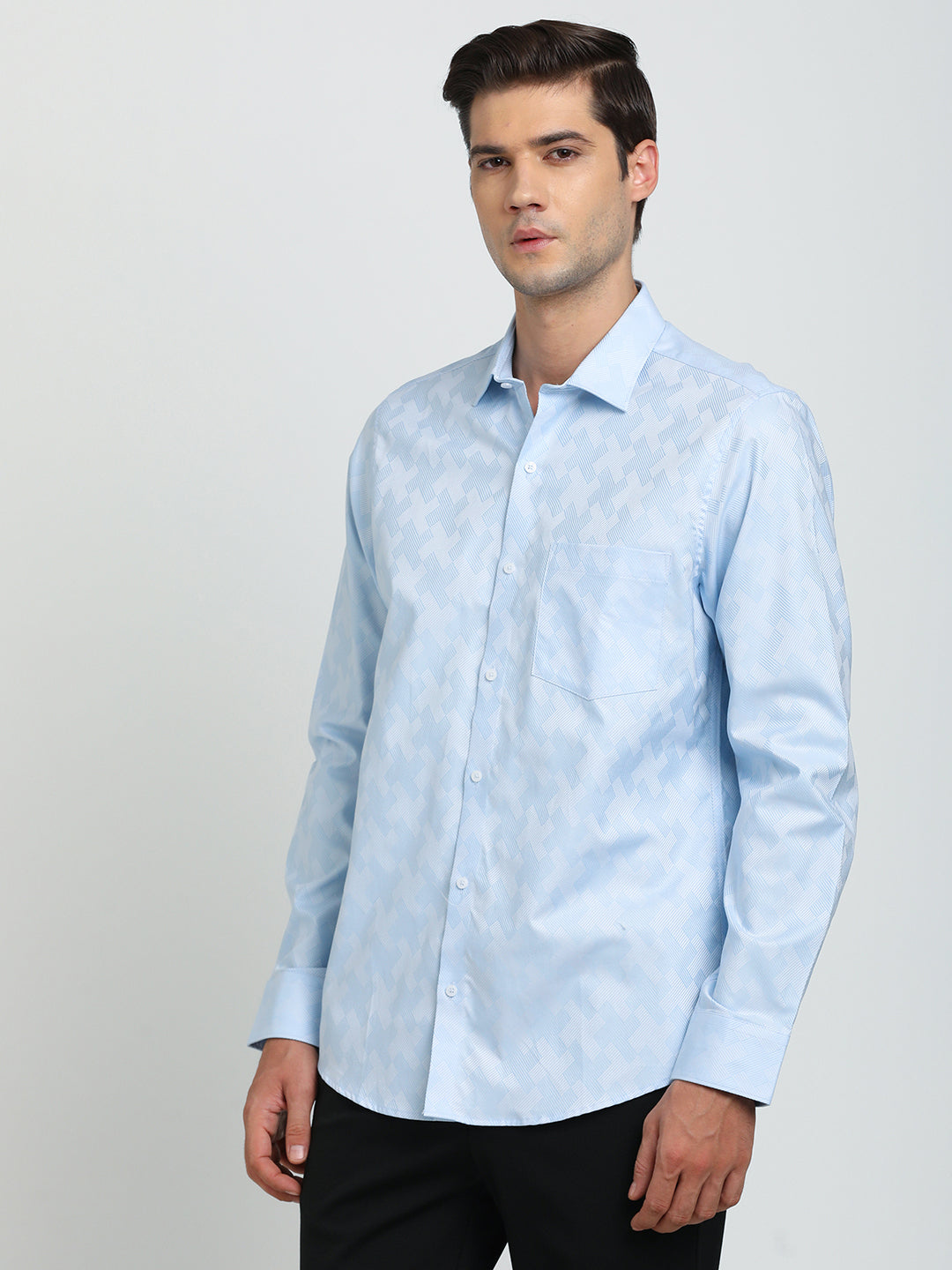 100% Cotton Sky Blue Jacquard Slim Fit Full Sleeve Formal Shirt