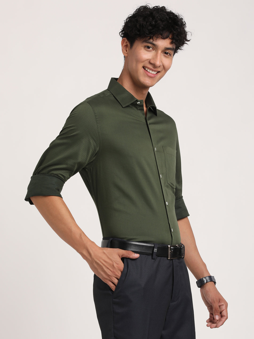 100% Cotton Green Dobby Slim Fit Full Sleeve Formal Shirt