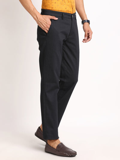 Cotton Stretch Charcoal Checkered Ultra Slim Fit Flat Front Casual Trouser